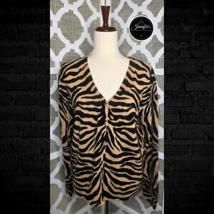 Nina Leonard Dress Black & Tan Lambswool Angora Animal Print Cardigan Size M